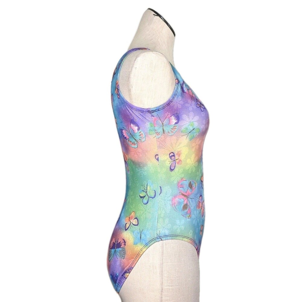 Satara VTG Neon Tie Dye Butterfly Sparkle Accent Tank Crossback Leotard Size AL - Picture 9 of 16